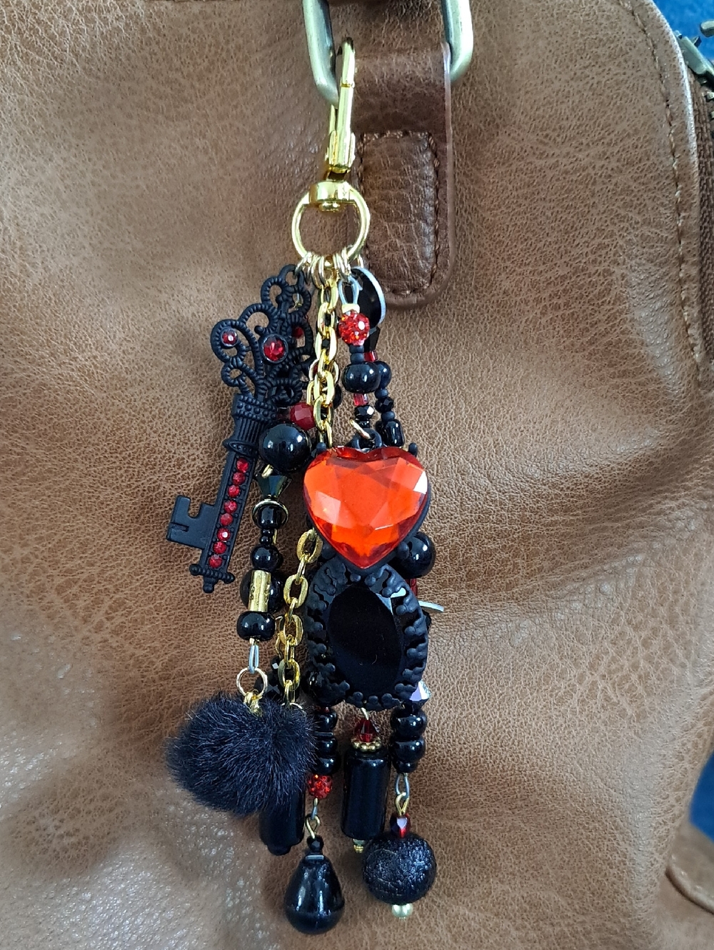 PURSE CHARM Trendy Cute Handmade Goth Beaded Black, Red, Gold, Charms, 5.5"